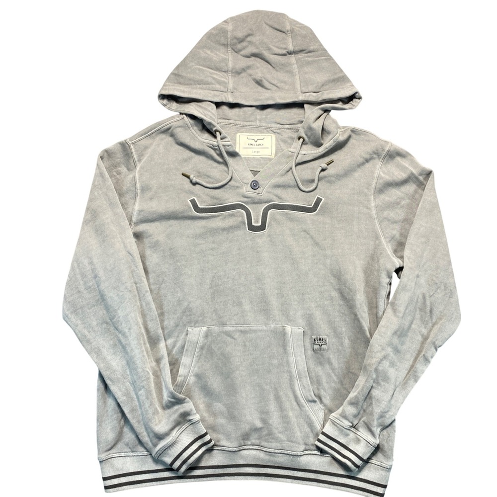 Kimes Ranch Mens Gray Longhorn Logo Button V-Neck Hoodie Sweatshirt Large‎